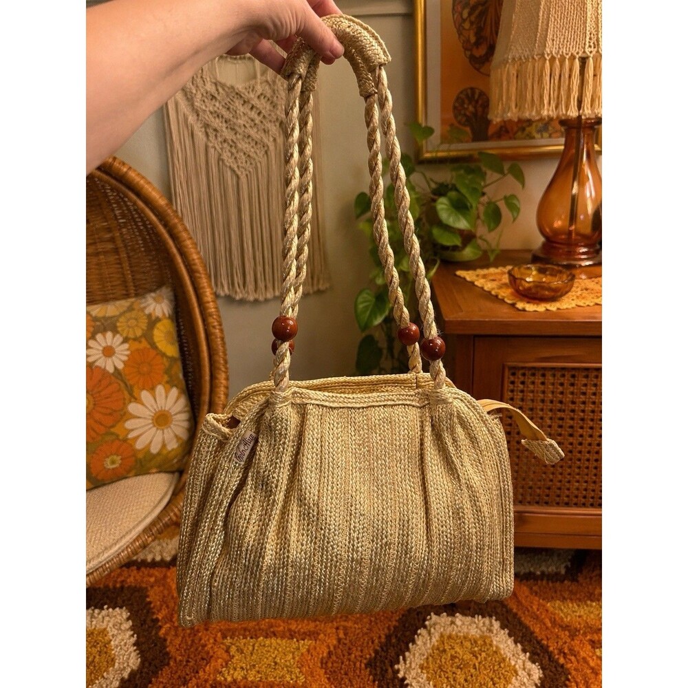 Vtg Bob & Alice Straw Purse Tote Bag Taiwan ROC Vinyl Lined Wood Bead On Handles